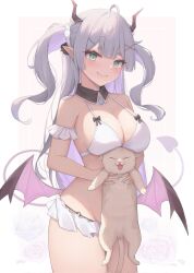 Rule 34 | 1girl, ahoge, animal, bikini, blue nails, blunt bangs, borrowed character, breasts, cat, cleavage, closed mouth, commentary, cowboy shot, dchiang, demon tail, demon wings, detached collar, fang, fang out, green eyes, hair ornament, heart pendant, highres, holding, holding animal, holding cat, horns, large breasts, long hair, low wings, nail polish, original, pointy ears, smile, solo, swimsuit, symbol-only commentary, tail, thick eyebrows, twintails, very long hair, white bikini, white hair, wings, x hair ornament