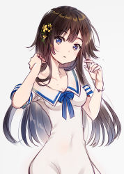 Rule 34 | 1girl, arms up, bad id, bad pixiv id, blue bow, blue eyes, blush, bow, bracelet, breasts, brown hair, chagoon, cleavage, covered navel, dress, flower, grey background, grey hair, hair between eyes, hair flower, hair ornament, head tilt, highres, jewelry, long hair, looking at viewer, medium breasts, multicolored hair, original, parted lips, sailor collar, short sleeves, simple background, solo, standing, sweat, sweatdrop, upper body, white dress