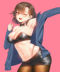 Rule 34 | 1girl, ;d, arm up, armpits, bandeau, bare shoulders, black skirt, blue jacket, bow, bowtie, breasts, brown eyes, brown hair, brown pantyhose, cleavage, cowboy shot, detached collar, hand up, highleg, highres, jacket, large breasts, latex, long sleeves, looking at viewer, midriff, miniskirt, navel, off shoulder, one eye closed, open clothes, open jacket, open mouth, original, outstretched arm, pantyhose, pink background, revealing clothes, short hair, simple background, skindentation, skirt, skulllee, smile, solo, stomach, strapless, tube top