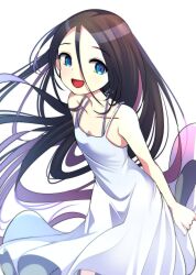 Rule 34 | 1girl, :d, black hair, blue eyes, character request, collarbone, copyright request, dress, hair between eyes, hat, highres, holding, holding clothes, holding hat, kameyoshi ichiko, long hair, looking at viewer, open mouth, simple background, sleeveless, sleeveless dress, smile, solo, unworn hat, unworn headwear, very long hair, white background, white dress