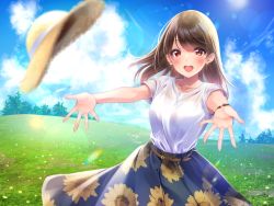 Rule 34 | 1girl, :d, amagi shino, belt, blue skirt, blue sky, blurry, bracelet, brown hair, collarbone, commentary request, day, depth of field, field, floral print, foreshortening, grass, hat, jewelry, lens flare, long hair, looking at viewer, necklace, open mouth, original, outdoors, outstretched arms, print skirt, red eyes, shirt, short sleeves, signature, skirt, sky, smile, solo, straw hat, sunflower print, teeth, tree, upper teeth only, white shirt