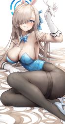 Rule 34 | 1girl, animal ears, armpits, asuna (blue archive), asuna (bunny) (blue archive), blue archive, blue eyes, blue leotard, bow, bowtie, breasts, detached collar, fake animal ears, gloves, hair over one eye, high heels, highres, inre kemomimi, large breasts, leotard, long hair, looking at viewer, mole, mole on breast, official alternate costume, pantyhose, playboy bunny, rabbit ears, smile, solo, traditional bowtie, white gloves
