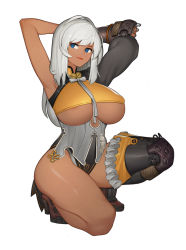 Rule 34 | 10s, 1girl, areola slip, arms up, bell, blade &amp; soul, bling (wnsdud34), blue eyes, boots, breasts, character request, covered erect nipples, dark-skinned female, dark skin, large breasts, light smile, long hair, simple background, single thighhigh, solo, thick thighs, thighhighs, thighs, underboob, white background