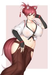 Rule 34 | 1girl, animal ear fluff, animal ears, arm up, armor, azur lane, breasts, brown eyes, cleavage, collarbone, commentary request, commission, covered erect nipples, cowboy shot, crop top, dutch angle, fox ears, fox tail, groin, hair between eyes, hair bun, hair ornament, hair stick, hakama, hakama skirt, highres, hip vent, ise (azur lane), japanese armor, japanese clothes, kimono, kote, large breasts, looking at viewer, midriff, miso tanuki, navel, paid reward available, parted lips, red hair, red hakama, ribbon-trimmed sleeves, ribbon trim, rope, sakuramon, see-through, shimenawa, short sleeves, sidelocks, skeb commission, skirt, solo, standing, tail, underbust, white kimono