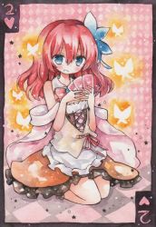 Rule 34 | 10s, 1girl, bad id, bad pixiv id, bare shoulders, blue eyes, bug, butterfly, card, card (medium), frilled skirt, frills, bug, moyo, no game no life, playing card, red hair, sitting, skirt, solo, stephanie dora