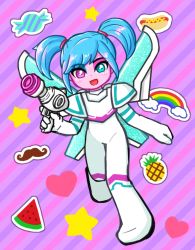 Rule 34 | armor, artist request, blue eyes, blue hair, bodysuit, check artist, energy gun, full body, general sweet mayhem, heart, heterochromia, kaniko (tn knk), looking at viewer, mechanical wings, medium hair, pink eyes, purple background, rainbow, ray gun, shoulder armor, star (symbol), striped, striped background, the lego group, the lego movie 2: the second part, twintails, weapon, white bodysuit, wings