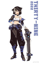 Rule 34 | 1girl, 2022, 39 bukun, animal ears, arm at side, asymmetrical gloves, belt, black choker, black footwear, black hair, black pants, blue belt, blue eyes, blue jacket, breasts, chinese commentary, choker, crop top, cropped jacket, dog tags, elbow gloves, english text, fishnet pantyhose, fishnets, full body, gloves, hand on own hip, highres, jacket, jacket partially removed, looking at viewer, medium breasts, navel, open mouth, original, pants, pantyhose, partially fingerless gloves, puffy pants, short hair, simple background, single elbow glove, skateboard, sleeves past wrists, solo, spray can, standing, studded choker, tank top, teeth, toeless footwear, tongue, tongue out, uneven gloves, weibo watermark, white background, white gloves, white tank top, zipper pull tab