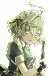 Rule 34 | 1boy, ahoge, belt, broom, buckle, cetus kkk, green eyes, green hair, hair ribbon, looking at viewer, maid, maid headdress, male focus, open mouth, pinocchio (sinoalice), puffy sleeves, ribbon, sinoalice, solo, surprised, suspenders, white background, wrist cuffs