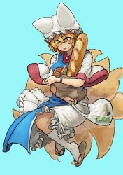 Rule 34 | 1girl, :o, absurdres, animal ears, animal hat, bag, baguette, blonde hair, blue background, blush, bread, chanta (ayatakaoisii), checking watch, commentary request, food, fox ears, fox tail, full body, groceries, grocery bag, hair between eyes, hat, highres, holding, jumping, mob cap, sandals, shirt, shopping bag, short hair, simple background, skirt, socks, solo, tabard, tail, touhou, white hat, white shirt, white skirt, white socks, wide sleeves, wristband, yakumo ran, yellow eyes