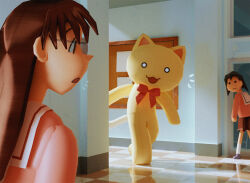 Rule 34 | 1other, 2girls, azumanga daioh&#039;s school uniform, azumanga daiou, blender (medium), brown hair, brown skirt, commentary, english commentary, giant cat, glasses, hallway, indoors, jacket, long hair, looking at another, louie zong, mizuhara koyomi, multiple girls, no nose, open mouth, pink jacket, sailor collar, school uniform, serafuku, short hair, skirt, takino tomo, tile floor, tiles, white sailor collar