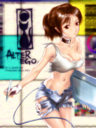Rule 34 | 1girl, bare shoulders, breasts, brown eyes, brown hair, cleavage, collar, covered erect nipples, crop top, denim, denim shorts, drawing tablet, facepaint, fingerless gloves, gloves, hair ornament, hairclip, midriff, navel, open fly, original, s zenith lee, shorts, solo, stylus, torn clothes, unzipped