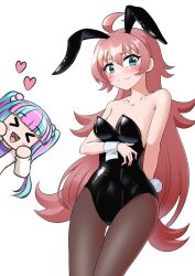 Rule 34 | &gt; &lt;, 2girls, :d, ahoge, animal ears, aqua hair, arm behind back, arm under breasts, bang dream!, bare shoulders, black leotard, blue eyes, blunt bangs, blush, brown pantyhose, chibi, chibi inset, closed eyes, closed mouth, collarbone, commentary, covered navel, cowboy, fake animal ears, fake tail, flat chest, furrowed brow, hair between eyes, hair bobbles, hair ornament, hands on own cheeks, hands on own face, hands up, heart, highres, jiwon (sj1), leotard, long hair, long sleeves, multicolored hair, multiple girls, nyubara reona, open clothes, open mouth, open shirt, oversized breast cup, pantyhose, pink hair, playboy bunny, purple shirt, rabbit ears, rabbit tail, shirt, simple background, smile, standing, strapless, strapless leotard, tail, tamade chiyu, teeth, thigh gap, twintails, two-tone hair, upper teeth only, very long hair, wavy mouth, western, white background, white shirt, wrist cuffs