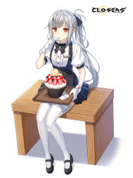 Rule 34 | 1girl, badge, black bow, black bowtie, black footwear, black skirt, bow, bowl, bowtie, breasts, center frills, closers, collared shirt, copyright name, eating, food, frills, fruit, full body, gloves, grey hair, hair bow, hand up, high-waist skirt, highres, holding, holding spoon, holding tray, ice cream, knees together feet apart, lace, lace-trimmed thighhighs, logo, long hair, looking at viewer, mary janes, miniskirt, no pupils, official art, on bench, orange eyes, paper, pleated skirt, ponytail, puffy short sleeves, puffy sleeves, shirt, shoes, short sleeves, sidelocks, single scoop, sitting, skirt, small breasts, solo, spoon, strawberry, strawberry slice, suspender skirt, suspenders, tachi-e, thighhighs, tina (closers), tray, underbust, utensil in mouth, very long hair, waitress, white background, white gloves, white shirt, white thighhighs, zettai ryouiki