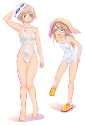 Rule 34 | 2girls, arena (company), armpits, asics, bad id, bad pixiv id, barefoot, blue eyes, breasts, brown hair, competition swimsuit, goggles, green eyes, long hair, multiple girls, nipples, no socks, one-piece swimsuit, original, school swimsuit, see-through, shoes, shoko (moccom), short hair, small breasts, swim cap, swimsuit, thigh gap, thighs, towel, towel on head, wet, wet clothes, white school swimsuit, white one-piece swimsuit