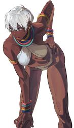 Rule 34 | 1girl, absurdres, armlet, bikini, blue eyes, breasts, collarbone, criss-cross halter, dark-skinned female, dark skin, double-parted bangs, earrings, elena (street fighter), feet out of frame, gold earrings, hair between eyes, halterneck, hand on own hip, hand on own knee, highres, jewelry, leaning forward, looking to the side, medium breasts, multiple bracelets, neck ring, parted lips, shioajiass, short hair, simple background, solo, street fighter, street fighter iii (series), swimsuit, very dark skin, white background, white bikini, white hair