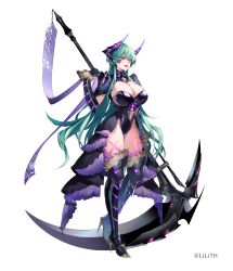 Rule 34 | 1girl, absurdres, armor, boots, breasts, cleavage, demon girl, demon horns, full body, green hair, high heels, highres, horns, huge breasts, kwata kuwa, large breasts, lilith-soft, long hair, monster girl, official art, red eyes, scythe, seven judge, simple background, smile, solo, taimanin (series), taimanin rpgx, weapon