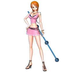 Rule 34 | 1girl, 3d, belt, bracelet, breasts, brown eyes, cleavage, female focus, full body, hand on own hip, high heels, hip focus, jewelry, midriff, nami (one piece), navel, necklace, official art, one piece, one piece: pirate warriors, orange hair, pink shirt, pirate, pleated skirt, pole, sandals, shirt, shoes, short hair, simple background, skirt, smile, solo, standing, tattoo, weapon