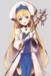 Rule 34 | 10s, 1girl, black thighhighs, blue eyes, cleric, commentary request, goblin slayer!, hat, highres, holding, holding weapon, long hair, looking at viewer, open mouth, priestess (goblin slayer!), simple background, solo, staff, tahya, thighhighs, weapon