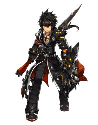Rule 34 | 1boy, absurdres, artist request, belt, black coat, black footwear, black hair, black pants, boots, claws, closed mouth, coat, elsword, expressionless, full body, highres, holding, holding sword, holding weapon, jewelry, knee boots, long hair, looking at viewer, male focus, single mechanical arm, necklace, official art, pants, ponytail, raven cronwell, reverse grip, solo, standing, sword, weapon, weapon taker (elsword), yellow eyes