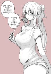 Rule 34 | 1girl, blush, breasts, commentary, etsem, girls&#039; frontline, hair rings, heart, highres, korean text, ladle, large breasts, long hair, springfield (girls&#039; frontline), monochrome, panties, ponytail, pregnant, sidelocks, signature, sketch, solo, translation request, underwear