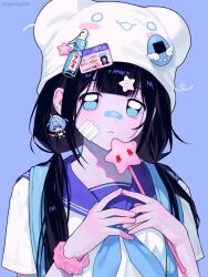Rule 34 | 1girl, :&lt;, aegyo sal, alternate art style, animal ear headwear, animal ears, artist name, backpack, bad arm, bag, blue bag, blue eyes, blue neckerchief, blue sailor collar, blunt bangs, chibi, chibi inset, commentary, double-parted bangs, fake animal ears, gyuing666, hair over shoulder, hands up, hat, hat ornament, highres, holding, holding wand, long hair, looking at viewer, low-tied long hair, neckerchief, open hands, original, own fingers together, pink scrunchie, portrait, purple background, sailor collar, scrunchie, shadow, shirt, short sleeves, simple background, solo, star wand, strap, symbol-only commentary, tamagotchi (virtual pet), twintails, unkempt, wand, white hat, white shirt, wrist scrunchie