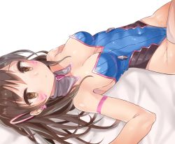 Rule 34 | 1girl, adapted costume, arm up, armband, bad id, bad pixiv id, bare shoulders, bed sheet, blush, breasts, brown eyes, brown hair, cleavage, collarbone, d.va (overwatch), detached collar, facepaint, from above, leg up, leotard, looking at viewer, looking up, medium breasts, melang b, overwatch, overwatch 1, pink thighhighs, protected link, simple background, solo, strapless, strapless leotard, striped, thighhighs, vertical stripes, white background