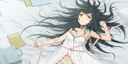 Rule 34 | 1girl, bed, black hair, book, bow, bow panties, breasts, choker, cleavage, dress, folder, highres, jchoy, lying, on back, original, panties, ribbon, solo, underwear, white dress, yellow eyes