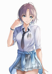 Rule 34 | 1girl, antenna hair, arm up, asakura toru, black hair, black necktie, blue eyes, blue jacket, breast pocket, breasts, clothes around waist, grey skirt, hair between eyes, hand in own hair, highres, idolmaster, idolmaster shiny colors, jacket, jacket around waist, light smile, looking at viewer, medium breasts, nail polish, necktie, parted bangs, pen in pocket, plaid, plaid skirt, pleated skirt, pocket, school uniform, shirt, simple background, skirt, sleeves rolled up, solo, tranquility of nature, white background, white shirt, wristband