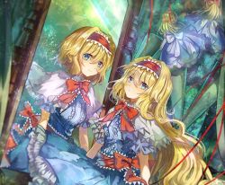Rule 34 | 2girls, alice margatroid, alternate hair length, alternate hairstyle, blonde hair, blue eyes, commentary request, doll, dress, dual persona, long hair, looking at viewer, mirror, mirror twins, multiple girls, reflection, short hair, short sleeves, touhou, vima