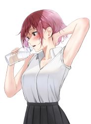 Rule 34 | 1girl, arm behind head, arm up, bare arms, bare shoulders, black skirt, blush, bottle, breasts, collarbone, grey background, highres, holding, holding bottle, izawa (bhive003), large breasts, open mouth, original, pleated skirt, red hair, short sleeves, simple background, skirt, sleeves rolled up, solo, teeth, upper teeth only, water bottle