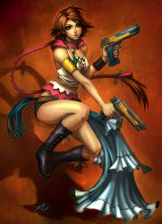 Rule 34 | 00s, 1girl, bare shoulders, boots, breasts, brown hair, cleavage, dual wielding, felsus, final fantasy, final fantasy x, final fantasy x-2, gun, holding, hood, ponytail, short shorts, shorts, showgirl skirt, solo, weapon, yuna