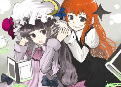 Rule 34 | 2girls, black hair, book, bow, braid, cup, embodiment of scarlet devil, female focus, grin, hair bow, hands in hair, hat, hat ornament, head wings, koakuma, light purple hair, long hair, magic circle, multiple girls, open mouth, orange hair, patchouli knowledge, playing with another&#039;s hair, purple eyes, sasurai susuki, smile, touhou, twin braids, wings