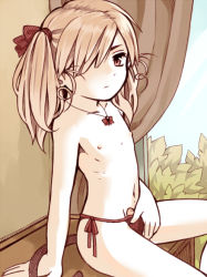 Rule 34 | 1boy, androgynous, brown hair, bulge, crossdressing, hair ribbon, jewelry, long hair, looking at viewer, male focus, muted color, navel, necklace, nipples, original, panties, penis, penis in panties, red eyes, ribbon, topless male, short twintails, sitting, solo, spot color, trap, twintails, underwear, xpillow of downx