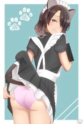 Rule 34 | 1girl, animal ears, ass, ass poking, blush, brown eyes, brown hair, cat ears, cat tail, clothes lift, dress, artistic error, from behind, hair over one eye, headdress, highres, looking at viewer, maid, maid headdress, monotiina, original, panties, pink panties, short hair, skirt, skirt lift, smile, solo, tail, underwear