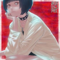 Rule 34 | 1girl, black hair, blue hair, brown eyes, choker, collar, collarbone, highres, ikeda (cpt), jewelry, lab coat, looking at viewer, nail polish, necklace, persona, persona 5, short hair, sitting, solo, takemi tae