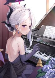 Rule 34 | 1girl, absurdres, black horns, black wings, blue archive, blue flower, blush, closed mouth, dangle earrings, demon horns, demon wings, earrings, flower, grand piano, grey hair, halo, highres, hina (blue archive), hina (dress) (blue archive), horns, instrument, jewelry, kuroliu 9021, long hair, multiple horns, necklace, official alternate costume, official alternate hairstyle, pendant, piano, piano keys, purple eyes, sheet music, smile, solo, wings