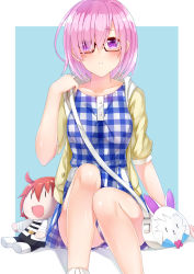 Rule 34 | 1girl, absurdres, black-framed eyewear, collarbone, dress, eyes visible through hair, fate/grand order, fate (series), fou (fate), fujimaru ritsuka (female), glasses, hair over one eye, highres, jacket, looking at viewer, mash kyrielight, mash kyrielight (senpai killer outfit), official alternate costume, open clothes, open jacket, pink hair, purple eyes, short dress, short hair, sitting, sll, solo, yellow jacket