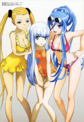 Rule 34 | 10s, 3girls, :d, absurdres, aoki hagane no arpeggio, bikini, blonde hair, blue eyes, blue hair, bow, bow bikini, breasts, casual one-piece swimsuit, choker, cleavage, covered navel, eyewear on head, frilled swimsuit, frills, fur trim, girl sandwich, gradient background, green eyes, hair between eyes, hand on another&#039;s shoulder, hand on own hip, hands on thighs, haruna (aoki hagane no arpeggio), high ponytail, highres, iona (aoki hagane no arpeggio), jewelry, knees together feet apart, lace, lace-trimmed bikini, lace trim, leaning forward, legs, light smile, lipstick, long hair, long legs, looking at viewer, makeup, megami magazine, mole, mole under mouth, multiple girls, navel, non-web source, official art, one-piece swimsuit, open mouth, orange one-piece swimsuit, pendant, personification, ponytail, red bikini, sandwiched, scan, scrunchie, sidelocks, silver hair, small breasts, smile, sunglasses, suzuki kazato, swimsuit, takao (aoki hagane no arpeggio), thigh gap, twintails, very long hair, wide hips, yellow one-piece swimsuit