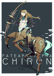 Rule 34 | 1boy, arrow (projectile), bow (weapon), brown hair, centaur, chiron (fate), cyberpunk, cyborg, fate/apocrypha, fate/grand order, fate (series), glitch, hermithessa, highres, long hair, male focus, neon trim, outside border, quiver, science fiction, solo, taur, visor, weapon