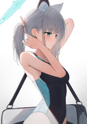 Rule 34 | 1girl, absurdres, animal ear fluff, animal ears, bag, blue archive, blush, breasts, competition swimsuit, earrings, grey hair, halo, highres, jewelry, looking ahead, medium breasts, nano (nandemo note31), one-piece swimsuit, ponytail, shiroko (blue archive), shiroko (swimsuit) (blue archive), shoulder bag, simple background, solo, stud earrings, swimsuit, two-tone one-piece swimsuit, tying hair, white background, wolf ears