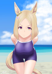 Rule 34 | 1girl, animal ears, bare shoulders, beach, blonde hair, blue one-piece swimsuit, blue sky, breasts, closed mouth, cloud, cloudy sky, commentary request, competition school swimsuit, competition swimsuit, cowboy shot, ear covers, ear ornament, highres, horse ears, horse girl, horse tail, large breasts, leaning forward, looking at viewer, medium hair, narita top road (umamusume), ocean, one-piece swimsuit, outdoors, parted bangs, sand, school swimsuit, single ear cover, sky, smile, solo, swimsuit, t2r, tail, thigh gap, tracen swimsuit, umamusume, water