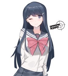 Rule 34 | 1girl, blue eyes, blue hair, blue sailor collar, blue skirt, blush, bow, bowtie, closed mouth, commentary request, copyright name, danganronpa: trigger happy havoc, danganronpa (series), hair ornament, hairclip, hona (pixiv7939518), long hair, long sleeves, looking at viewer, maizono sayaka, one eye closed, pleated skirt, red bow, red bowtie, sailor collar, shirt, simple background, skirt, smile, solo, white background, white shirt