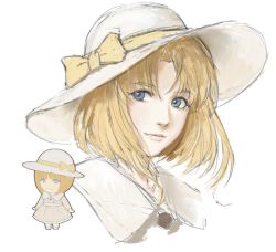 Rule 34 | 1girl, blonde hair, blue eyes, bow, chibi, dress, flower girl (macross 7), hat, hat bow, looking at viewer, looking to the side, macross, macross 7, nekkikamille, parted bangs, portrait, short hair, sketch, smile, solo focus, sun hat, white dress, white headwear, yellow bow