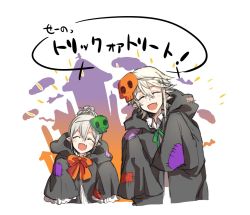 Rule 34 | 1boy, 1girl, cloak, closed eyes, corrin (fire emblem), corrin (male) (fire emblem), corrin (male) (fire emblem), danno gs, fang, father and daughter, fire emblem, fire emblem fates, fire emblem heroes, fire emblem if, hair bun, halloween costume, hood, hood down, kana (female) (fire emblem), kana (fire emblem), long sleeves, mask, mask on head, nintendo, open mouth, patch, pointy ears, short hair, single hair bun, sleeves past fingers, sleeves past wrists, white hair