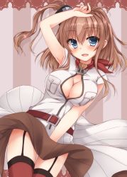 Rule 34 | 10s, 1girl, arm up, armpits, ascot, blue eyes, blush, breast pocket, breasts, brown hair, cleavage, cleavage cutout, clothing cutout, cowboy shot, dress, garter straps, hair between eyes, hand on own head, highres, kantai collection, large breasts, long hair, looking at viewer, lowell (ouranoss2kanata), open mouth, pocket, ponytail, red ascot, red thighhighs, saratoga (kancolle), side ponytail, sidelocks, smile, solo, thighhighs, white dress