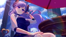 Rule 34 | 1girl, nanashi inc., absurdres, breasts, building, closed mouth, cup, day, demon tail, floating hair, futayamam2, hand on own thigh, hand up, highres, honey strap, horns, long hair, looking at viewer, medium breasts, mole, mole under mouth, outdoors, parasol, purple eyes, purple hair, saionji mary, see-through, see-through sleeves, solo, table, tail, teacup, umbrella, virtual youtuber, wooden table