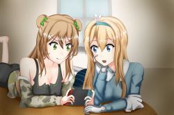Rule 34 | 2girls, :d, :q, aqua hairband, artist request, ass, bad id, bad pixiv id, bare shoulders, bed, blue shirt, camouflage, camouflage jacket, collarbone, collared shirt, female focus, girls&#039; frontline, gloves, grey footwear, grey gloves, hair between eyes, hairband, happy, highres, indoors, jacket, leg up, long sleeves, lying, multiple girls, nintendo switch, off shoulder, on bed, on stomach, open mouth, pantyhose, pencil skirt, playing, playing games, rfb (girls&#039; frontline), shirt, skirt, smile, striped clothes, striped skirt, suomi (girls&#039; frontline), tongue, tongue out, v-shaped eyebrows, window