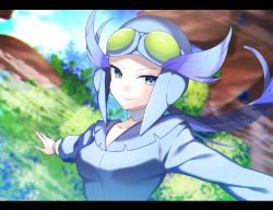 Rule 34 | 1girl, bad id, bad pixiv id, blue eyes, blue hair, blurry, blurry background, choker, collarbone, creatures (company), floating hair, game freak, helmet, letterboxed, long hair, looking at viewer, nintendo, outstretched arms, pokemon, pokemon oras, ponytail, smile, solo, upper body, winona (pokemon), yuihico
