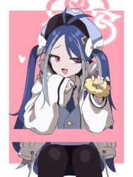 Rule 34 | 1girl, :3, antenna hair, black necktie, black pantyhose, blue archive, blue hair, blue hat, blue vest, coat, collared shirt, doughnut, feet out of frame, food, fubuki (blue archive), halo, hat, highres, holding, holding food, long hair, long sleeves, looking at viewer, multicolored hair, necktie, open clothes, open coat, open mouth, pantyhose, police hat, pon de ring, red eyes, shirt, sitting, smile, solo, streaked hair, twintails, uni gyoza, vest, white coat, white shirt