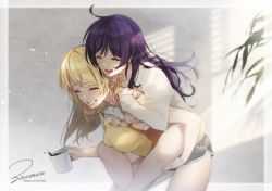 Rule 34 | 2girls, ahoge, ayase eli, bad id, bad twitter id, blonde hair, blue shorts, carrying, closed eyes, coffee, coffee mug, commentary, cross, cross necklace, cup, grin, highres, jewelry, laughing, long hair, love live!, love live! school idol project, mug, multiple girls, necklace, open mouth, piggyback, plant, purple hair, shirt, short shorts, shorts, signature, smile, tank top, thighs, tojo nozomi, white shirt, yellow tank top, yuri, zawawa (satoukibi1108)